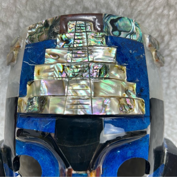 Oaxaca Mayan Aztec mosaic lapis black brown abalone burial decor mask stands 8.5 - Picture 2 of 14